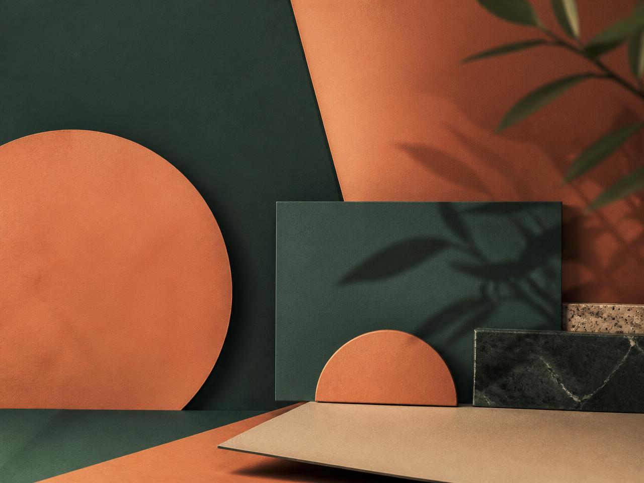 Abstract terracotta and deep green shapes representing brand strategy